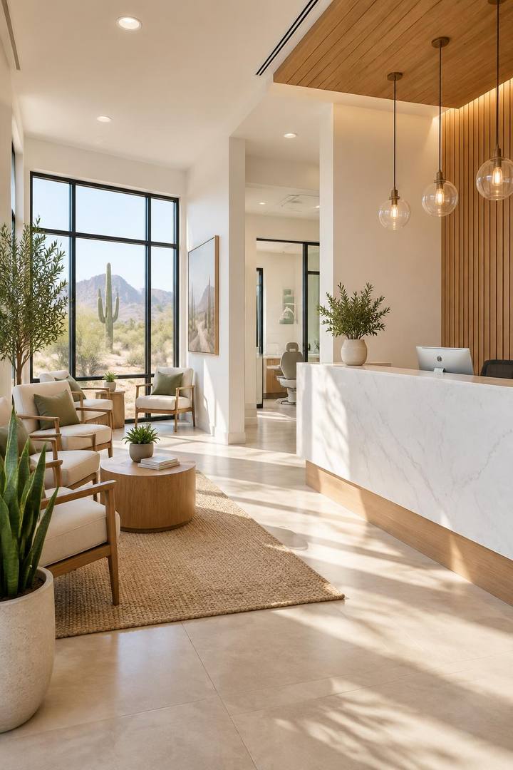 The bright Desert Ridge Dental reception area with desert mountain views